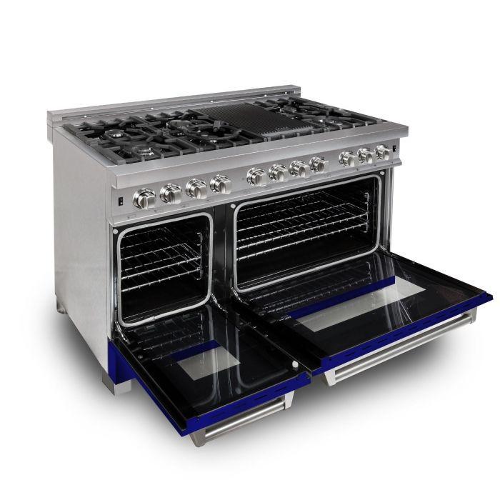 ZLINE 48" Dual Fuel Range in DuraSnow® Stainless with Blue Gloss Door, RAS-BG-48