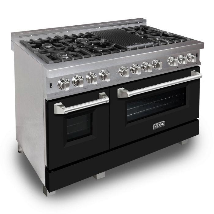 ZLINE 48" Dual Fuel Range in DuraSnow® Stainless with Black Matte Door, RAS-BLM-48