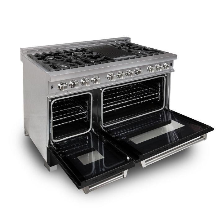 ZLINE 48" Dual Fuel Range in DuraSnow® Stainless with Black Matte Door, RAS-BLM-48