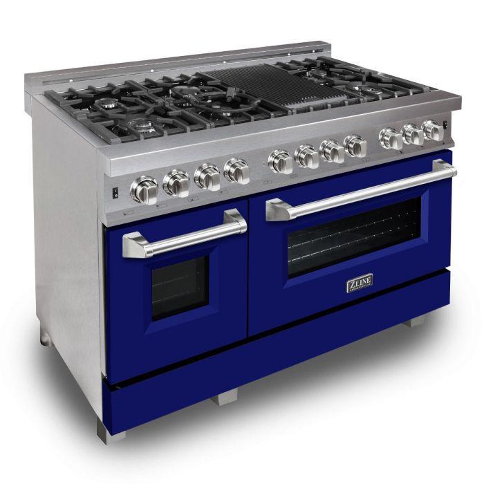 ZLINE 48" Dual Fuel Range in DuraSnow® Stainless Steel with Blue Matte Door, RAS-BM-48