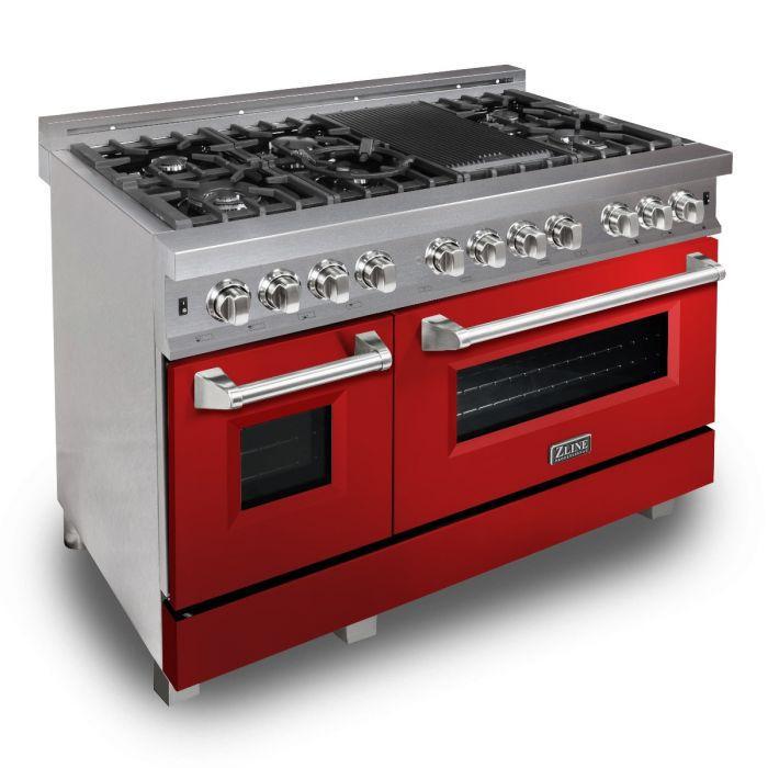 ZLINE 48" Dual Fuel Range in DuraSnow® Stainless Steel with Red Gloss Door, RAS-RG-48