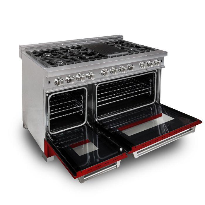 ZLINE 48" Dual Fuel Range in DuraSnow® Stainless Steel with Red Gloss Door, RAS-RG-48