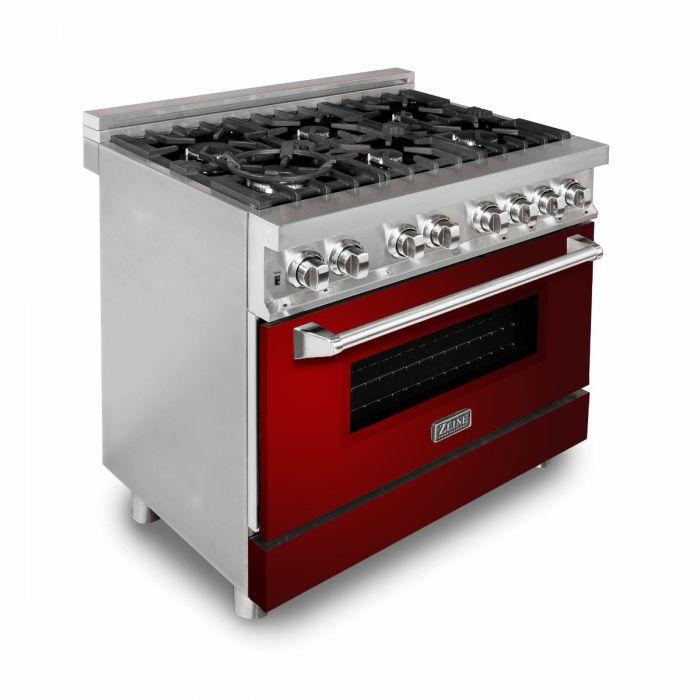 ZLINE 36" Dual Fuel Range in Stainless Steel with Red Gloss Door, RA-RG-36