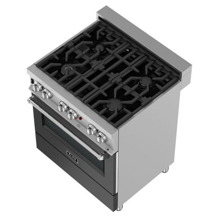 ZLINE 30 in. Dual Fuel Range in DuraSnow® with Black Matte Door & 30 in. Range Hood Appliance Package, 2KP-RASBLMRH30