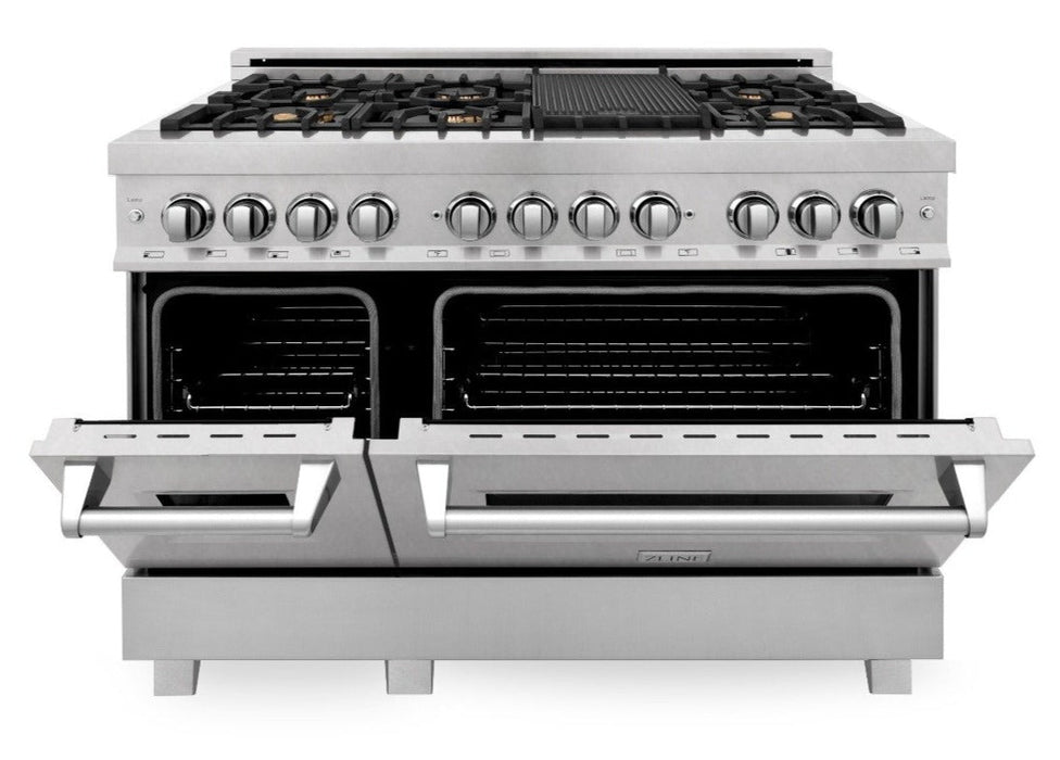 ZLINE 48" Dual Fuel Range in DuraSnow® Stainless Steel with Brass Burners, RAS-SN-BR-48