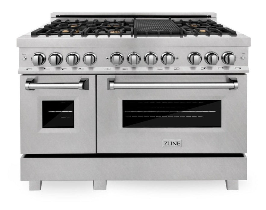 ZLINE 48" Dual Fuel Range in DuraSnow® Stainless Steel with Brass Burners, RAS-SN-BR-48