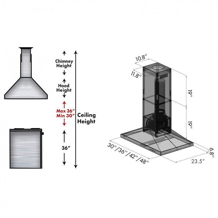 ZLINE 36" Convertible Vent Island Mount Range Hood in Black Stainless Steel, BSGL2iN-36