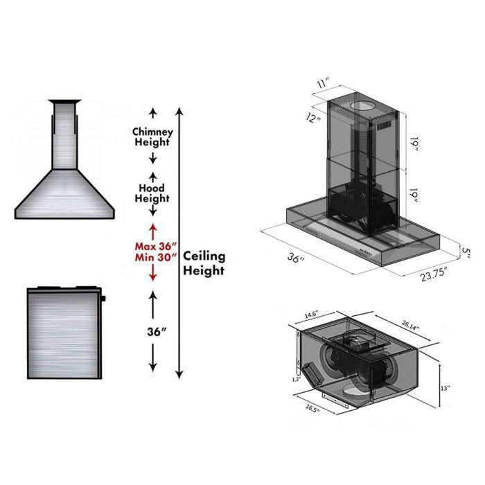 ZLINE 36" Ducted Remote Blower Island Mount Range Hood in Stainless Steel, KECOMi-RD-36