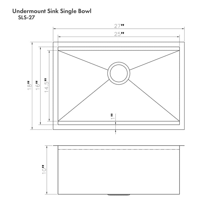 ZLINE 27" Garmisch Undermount Single Bowl Stainless Steel Kitchen Sink with Bottom Grid and Accessories, SLS-27