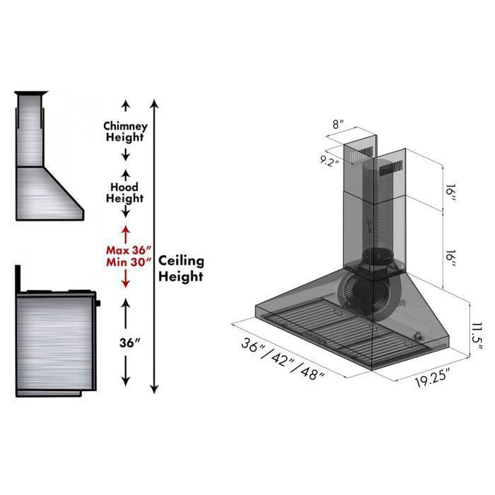 ZLINE 42" Convertible Vent Wall Mount Range Hood in Stainless Steel, KL3-42