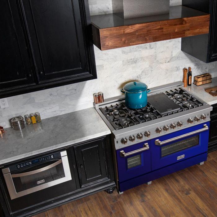 ZLINE 48" Dual Fuel Range in DuraSnow® Stainless with Blue Gloss Door, RAS-BG-48