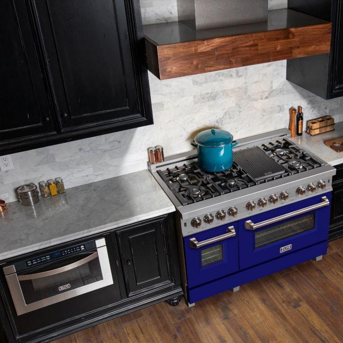 ZLINE 48" Dual Fuel Range in DuraSnow® Stainless Steel with Blue Matte Door, RAS-BM-48