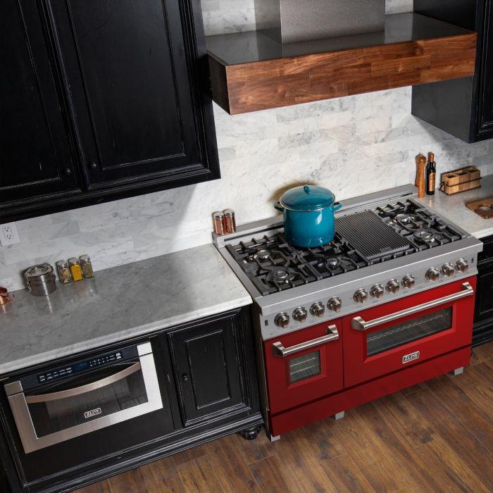 ZLINE 48" Dual Fuel Range in DuraSnow® Stainless Steel with Red Gloss Door, RAS-RG-48