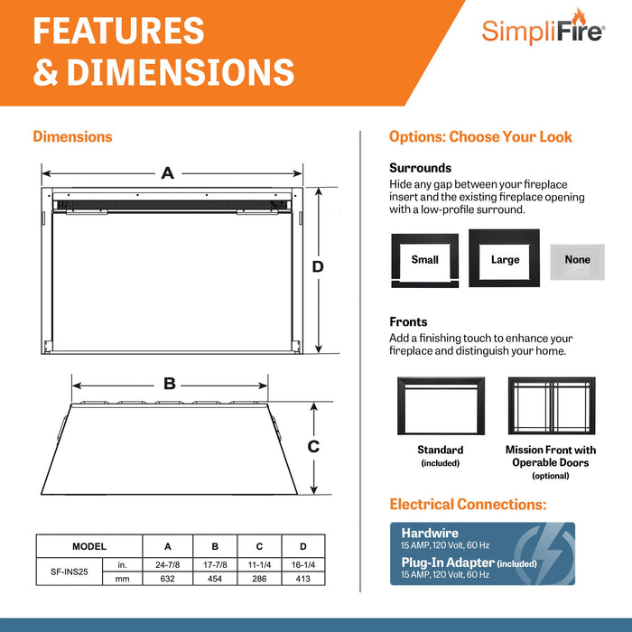 SimpliFire 25" Traditional Built-In Electric Fireplace Insert