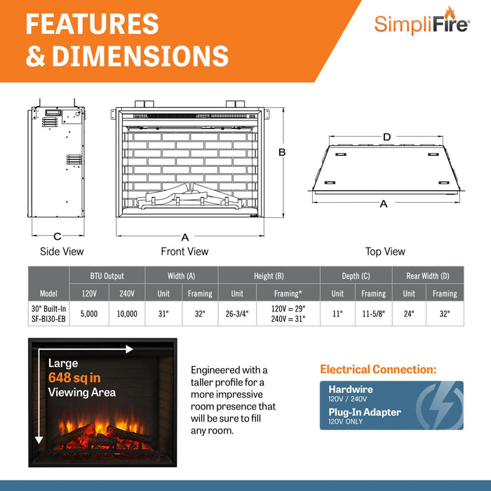 SimpliFire 30" Traditional Built-In Electric Fireplace