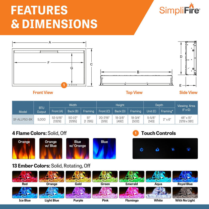 SimpliFire Allusion Platinum 50" Recessed Linear Electric Fireplace