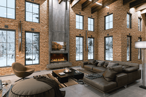 Fireplace and luxurious furniture in a chalet with snowy mountain view.